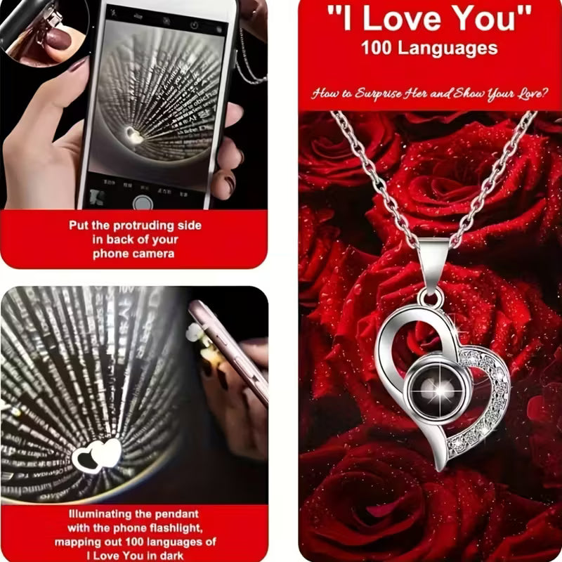 Rose Bear Gift Box with 'I Love You' Projection Pendant Necklace – Elegant Gift for Her