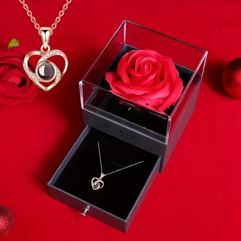 Preserved Rose Gift Box with 'I Love You in 100 Languages' Necklace – Perfect for Any Occasion