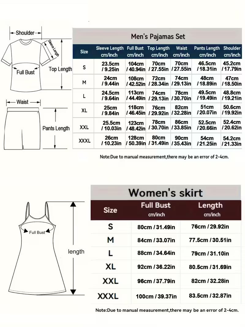 Couple Pajama Set – Men’s Shirt & Shorts + Women’s Camisole Nightdress, Soft & Breathable Fabric