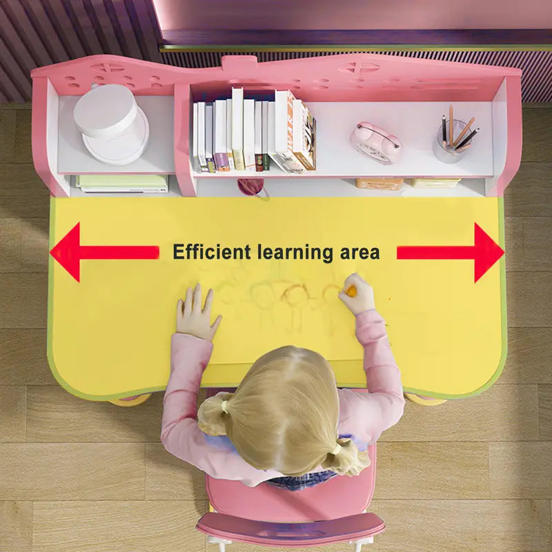 Adjustable Kids Study Desk & Chair Set – Pink Castle Design with Storage