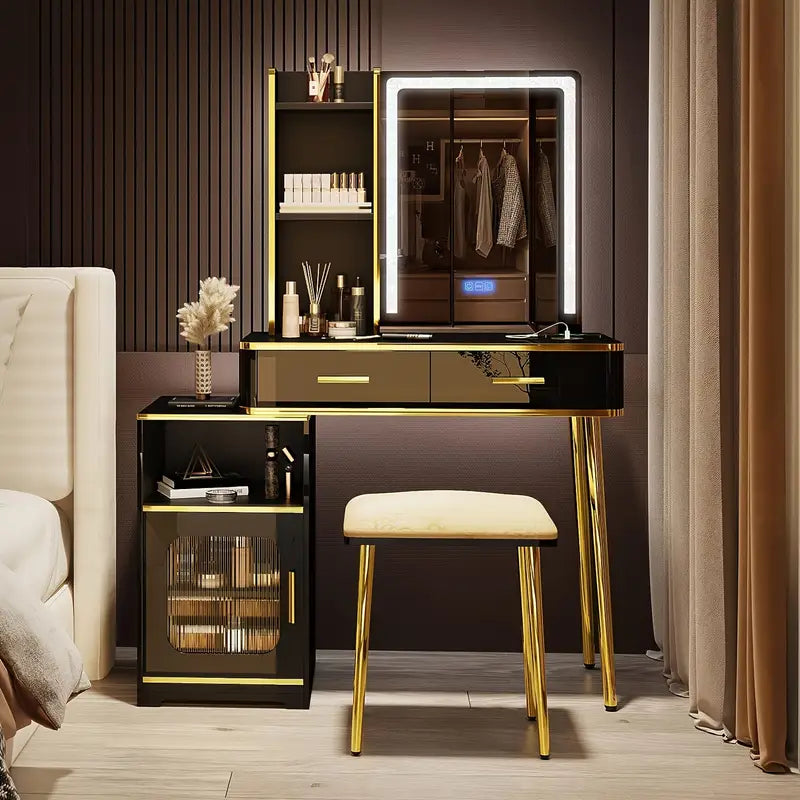 RGB LED Vanity Desk Set with Mirror & Charging Station – Black with Gold Accents
