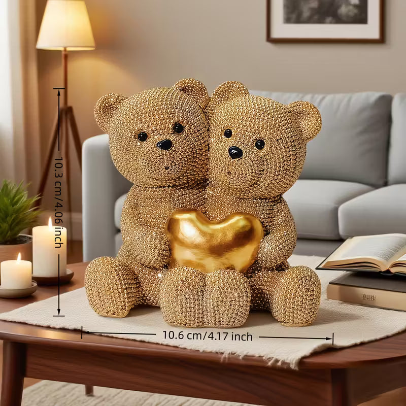 Golden Beaded Love Bear Couple Statue – Resin Home & Wedding Decor