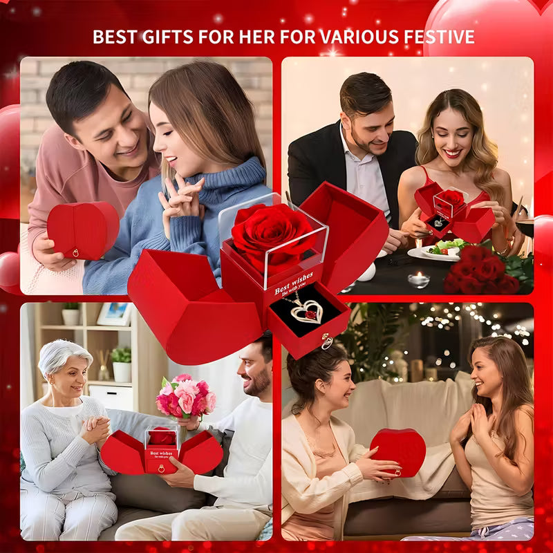 Elegant Red Rose & Heart Pendant Necklace with Gift Box – Romantic Jewelry Gift