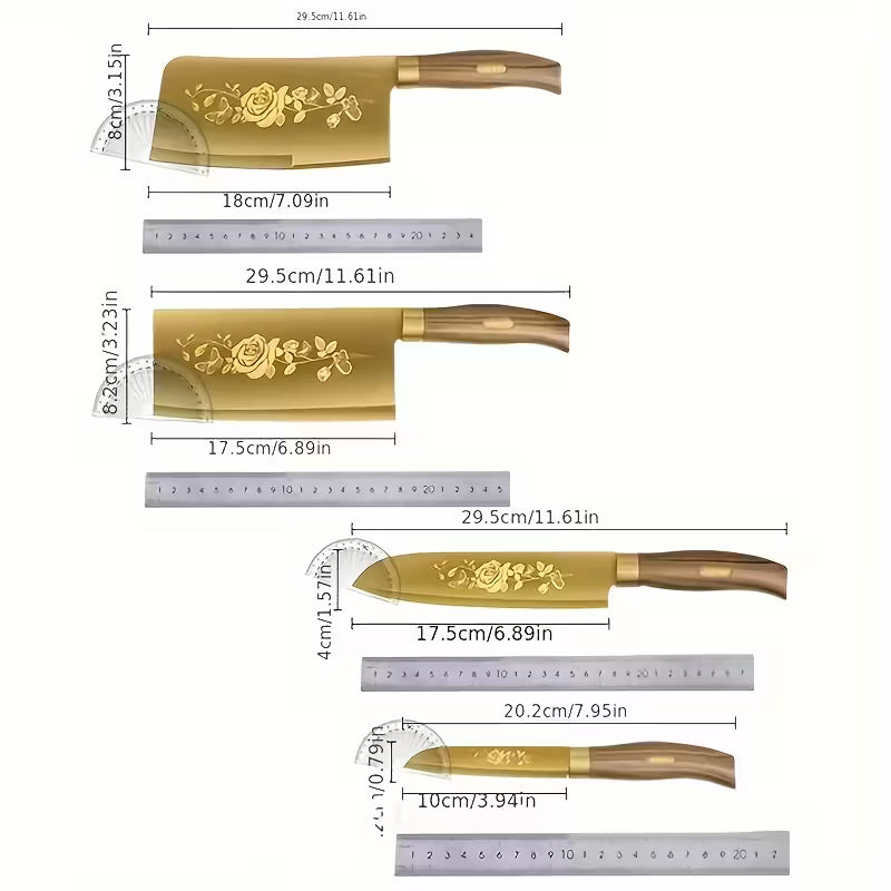 Golden Stainless Steel Kitchen Knife Set – Elegant Wood Handle & Premium Blades