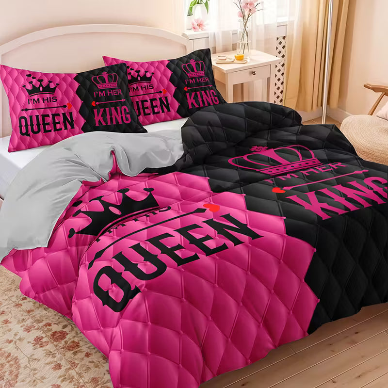Couple King & Queen Duvet Cover Set – Pink & Black Romantic Crown Design