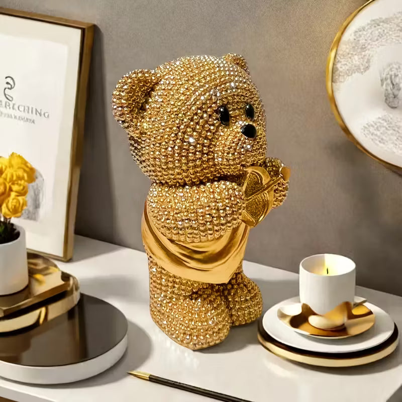 Golden Teddy Bear with Cupid’s Arrow – Elegant Resin Tabletop Decor & Gift