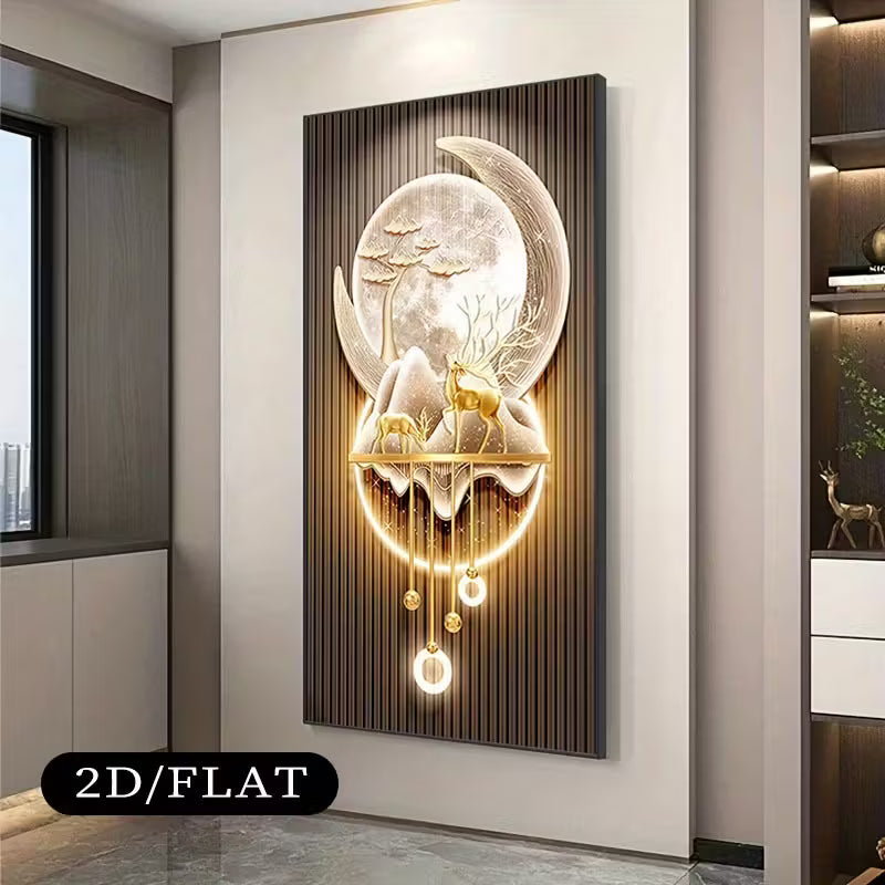 Modern Moonlit Landscape Wall Mural with Gold Accents