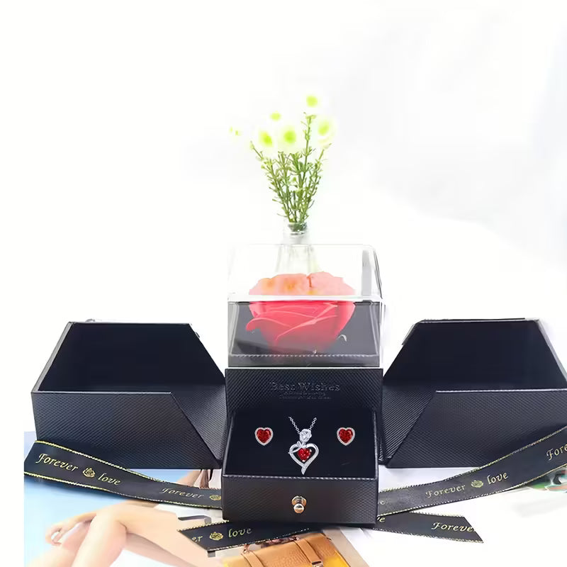 Elegant Rose Flower Gift Box Set – Heart Necklace & Earrings for Her