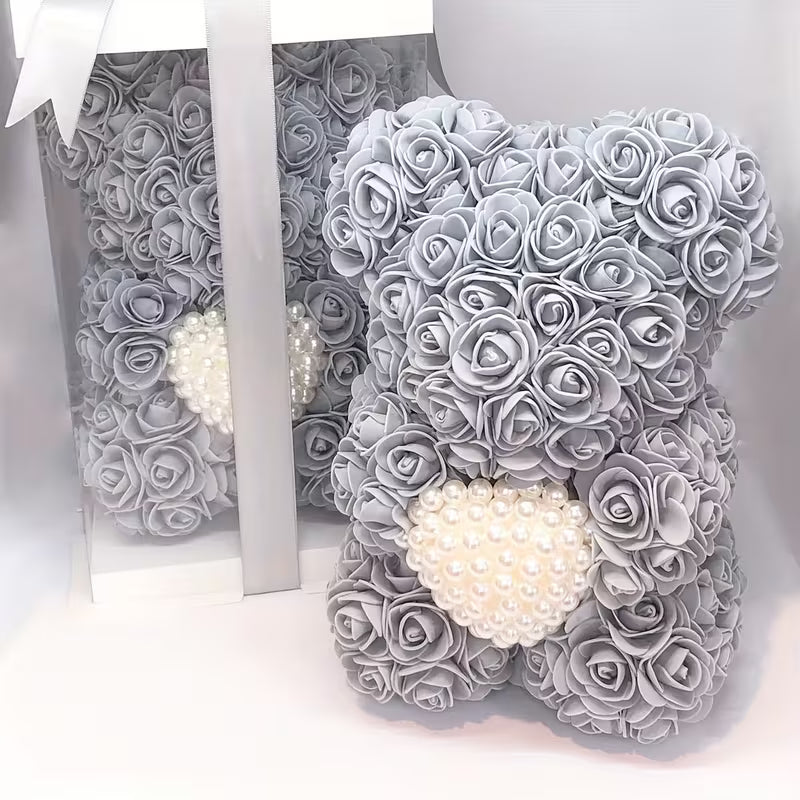 Artificial Rose Flower Bear – Pearl Heart Eternal Rose Gift (No Box)