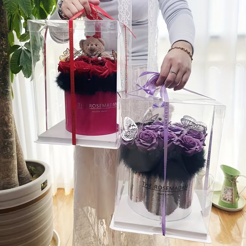 Artificial Rose in Cake-Shaped Vase with Butterfly Accent – Elegant Faux Flower Centerpiece