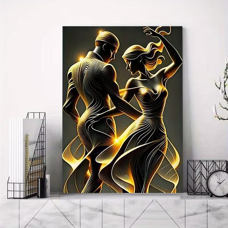 Golden Dancing Couple Canvas Print – Modern Romantic Wall Art