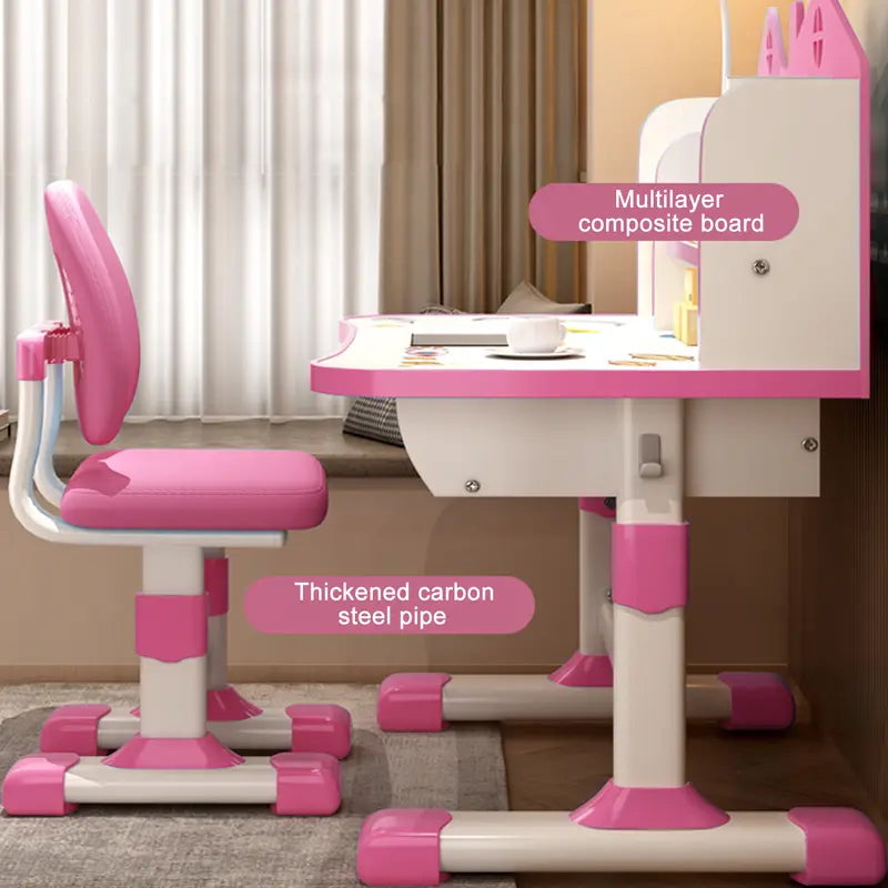 Kids Study Desk & Chair Set – Adjustable Height with Bookshelves & Cartoon Design