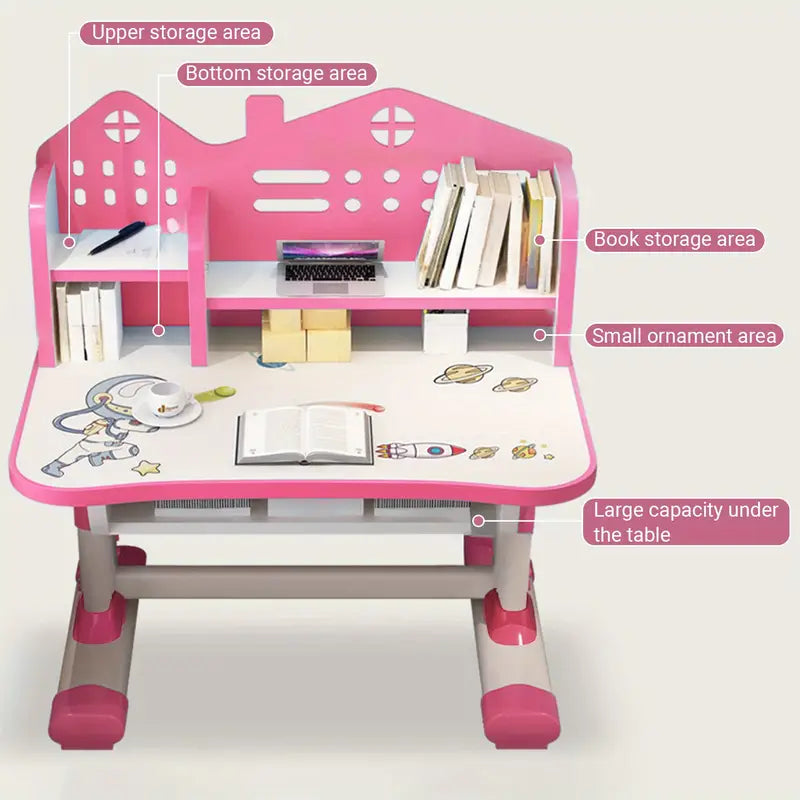 Kids Study Desk & Chair Set – Adjustable Height with Bookshelves & Cartoon Design