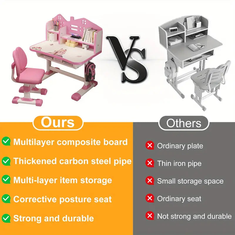 Kids Study Desk & Chair Set – Adjustable Height with Bookshelves & Cartoon Design