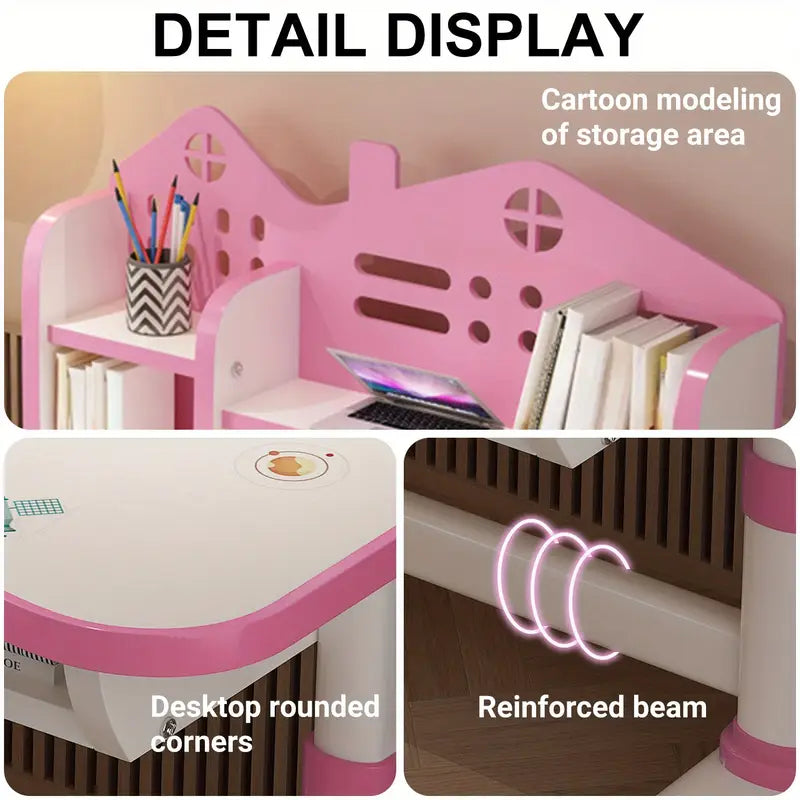 Kids Study Desk & Chair Set – Adjustable Height with Bookshelves & Cartoon Design