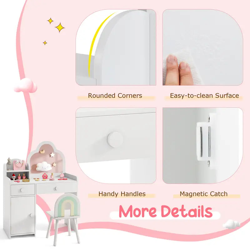 Kids Vanity Set with Cloud Mirror & Storage – Princess Makeup Table (Ages 3–7)