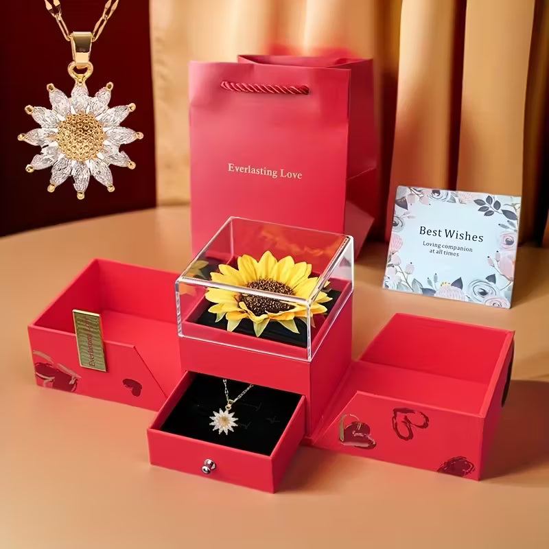 Red Acrylic Sunflower Jewelry Gift Box with Clear Window – Secure Closure