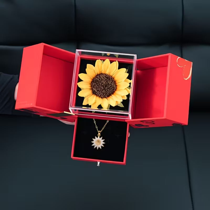 Red Acrylic Sunflower Jewelry Gift Box with Clear Window – Secure Closure