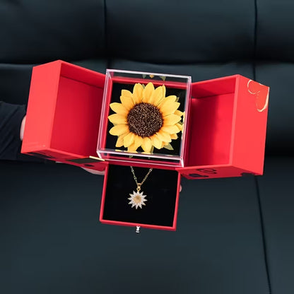 Red Acrylic Sunflower Jewelry Gift Box with Clear Window – Secure Closure