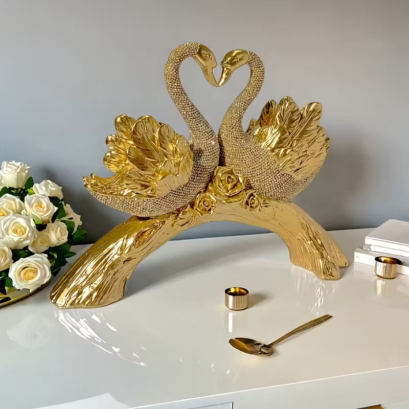 Golden Double Swan Figurine – Diamond & Rose Accented Resin Decor, Elegant Gift