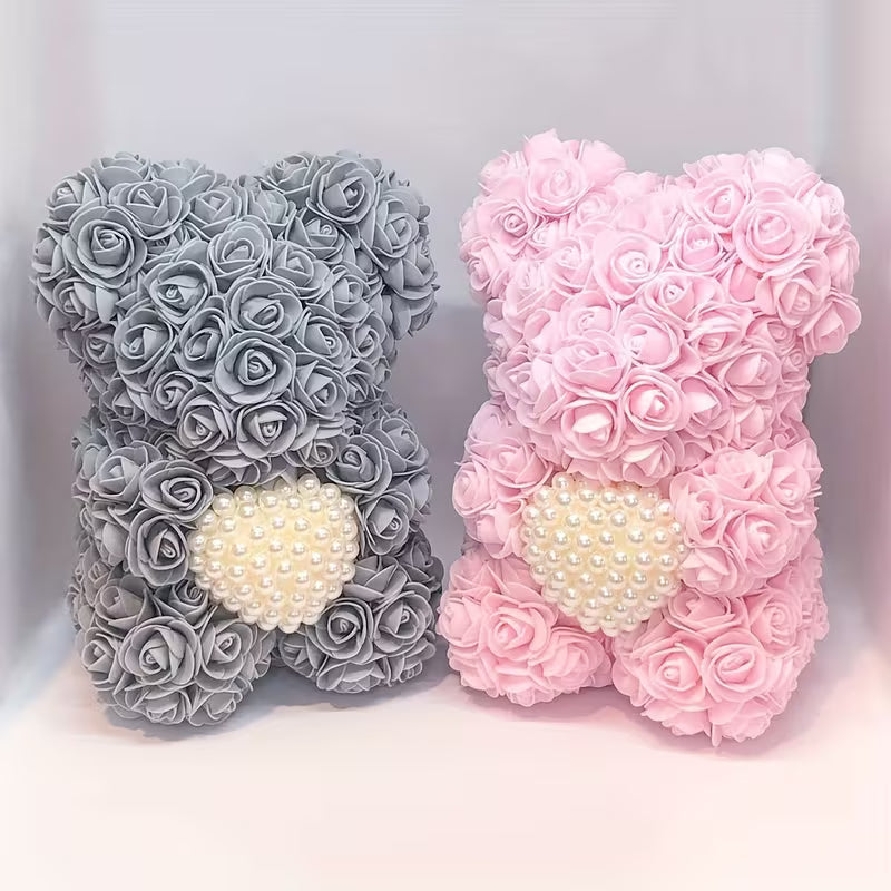 Artificial Rose Flower Bear – Pearl Heart Eternal Rose Gift (No Box)