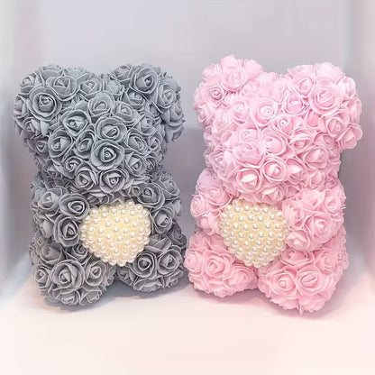 Artificial Rose Flower Bear – Pearl Heart Eternal Rose Gift (No Box)