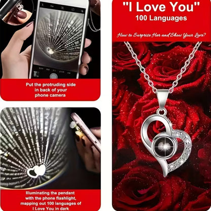 Rose Bear Gift Box with 'I Love You' Projection Pendant Necklace – Elegant Gift for Her