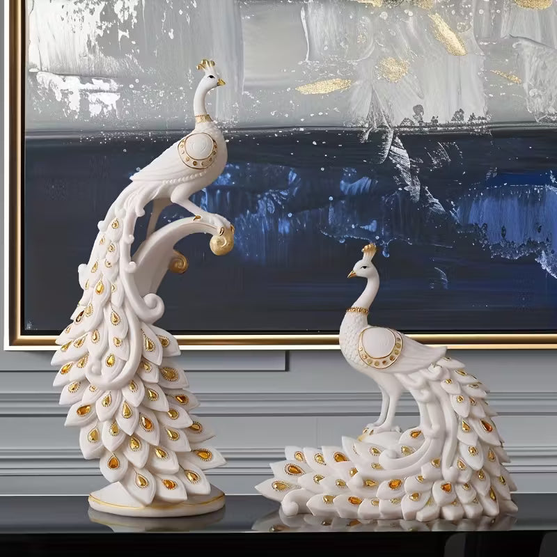 Modern White Peacock Figurine – Hand-Painted Resin Wedding & Holiday Decor