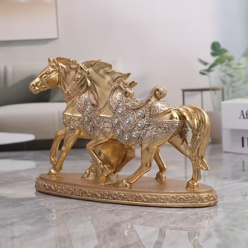 Luxury Golden Double Horse Statue – Crystal Resin Sculpture for Home & Office