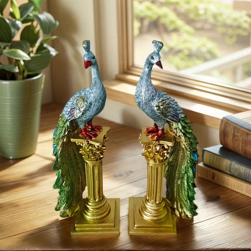 Pair of Elegant Resin Peacock Figurines with Gold Accents – Indoor & Outdoor Decor