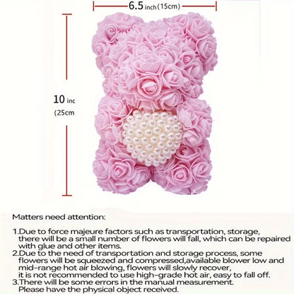 Artificial Rose Flower Bear – Pearl Heart Eternal Rose Gift (No Box)