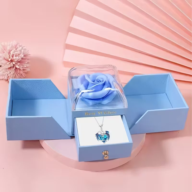 Elegant Dragon Pendant Necklace with Blue Rose Gift Box – Stylish Alloy Jewelry for Her