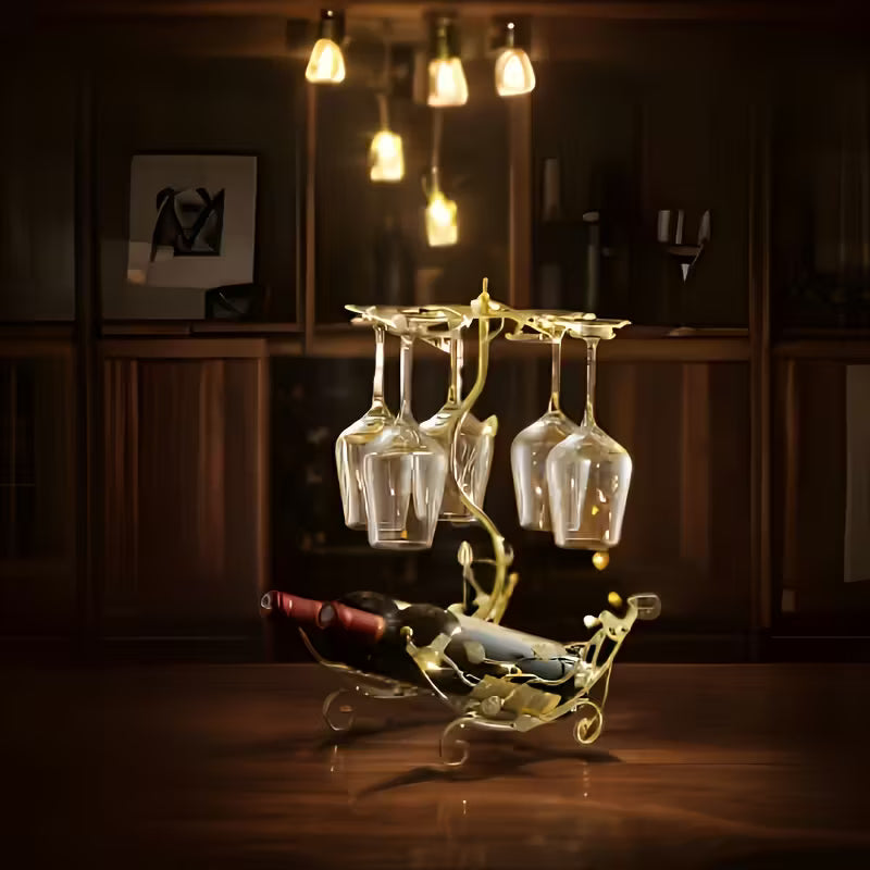 Golden Wine Rack with Glass Holder – Holds 2 Bottles & 6 Glasses