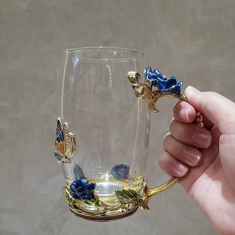 Butterfly Rose Enamel Glass Cup & Spoon Set – Reusable Gift Tea Cup