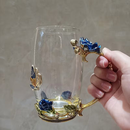 Butterfly Rose Enamel Glass Cup & Spoon Set – Reusable Gift Tea Cup