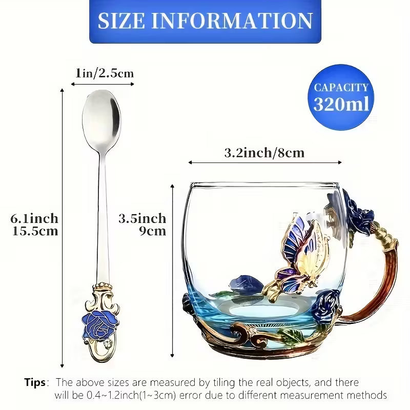 Butterfly Rose Enamel Glass Cup & Spoon Set – Reusable Gift Tea Cup