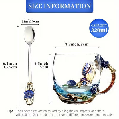Butterfly Rose Enamel Glass Cup & Spoon Set – Reusable Gift Tea Cup