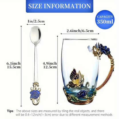 Butterfly Rose Enamel Glass Cup & Spoon Set – Reusable Gift Tea Cup