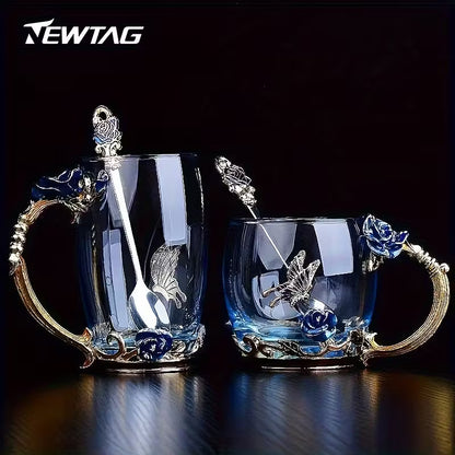 Butterfly Rose Enamel Glass Cup & Spoon Set – Reusable Gift Tea Cup