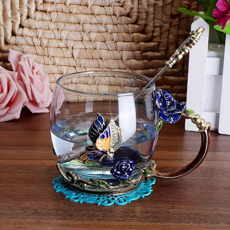 Butterfly Rose Enamel Glass Cup & Spoon Set – Reusable Gift Tea Cup