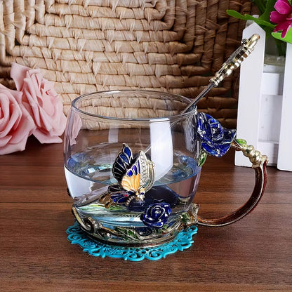 Butterfly Rose Enamel Glass Cup & Spoon Set – Reusable Gift Tea Cup