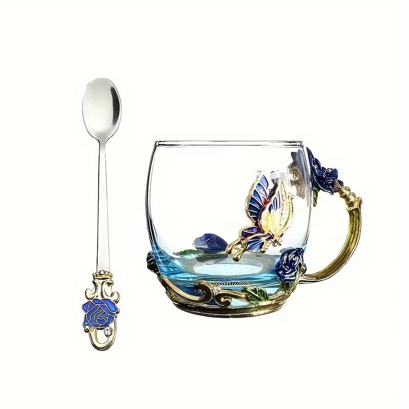 Butterfly Rose Enamel Glass Cup & Spoon Set – Reusable Gift Tea Cup