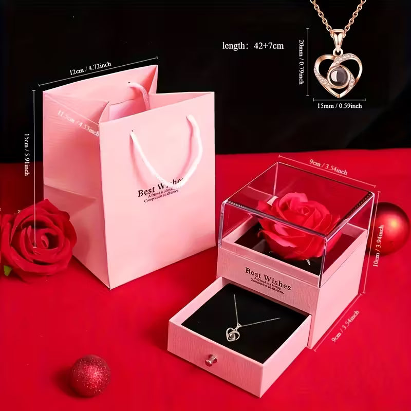 Preserved Rose Gift Box with 'I Love You in 100 Languages' Necklace – Perfect for Any Occasion
