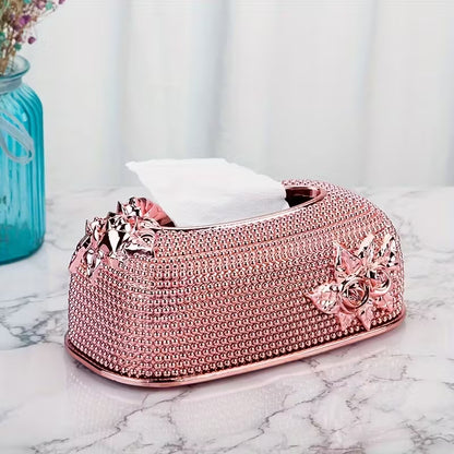 Elegant Floral Tissue Box Cover – Pink Rose Design with Crystal & Gold Accents