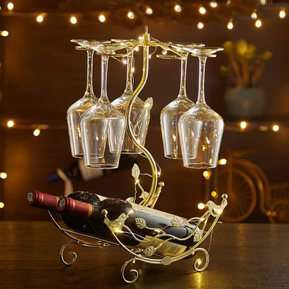 Golden Wine Rack with Glass Holder – Holds 2 Bottles & 6 Glasses