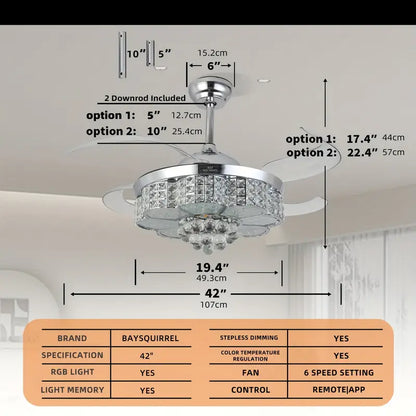 Crystal RGB Ceiling Fan with Light & Bluetooth Speaker – Remote & App Control