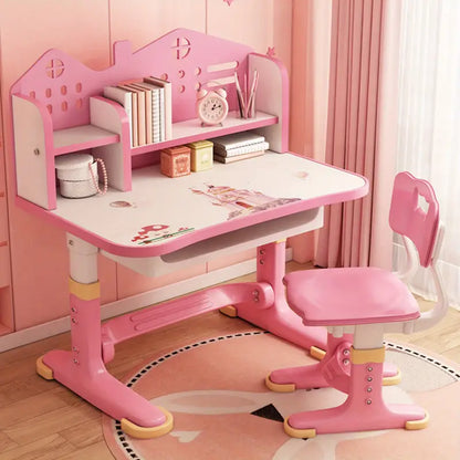 Adjustable Kids Study Desk & Chair Set – Pink Castle Design with Storage