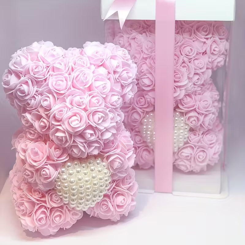 Artificial Rose Flower Bear – Pearl Heart Eternal Rose Gift (No Box)