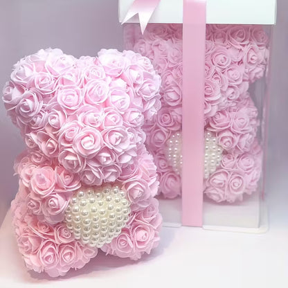 Artificial Rose Flower Bear – Pearl Heart Eternal Rose Gift (No Box)