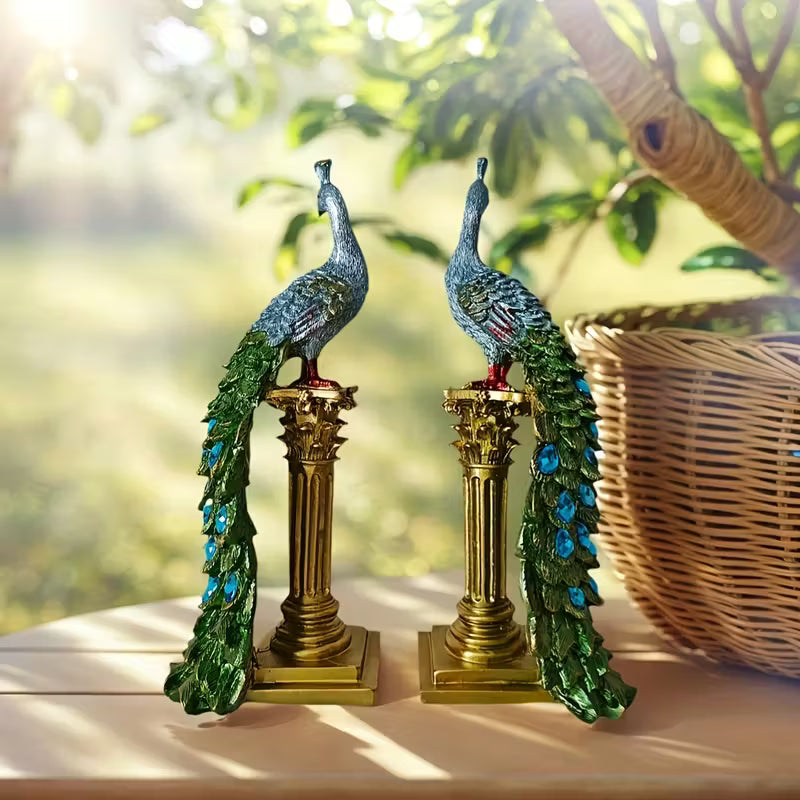 Pair of Elegant Resin Peacock Figurines with Gold Accents – Indoor & Outdoor Decor